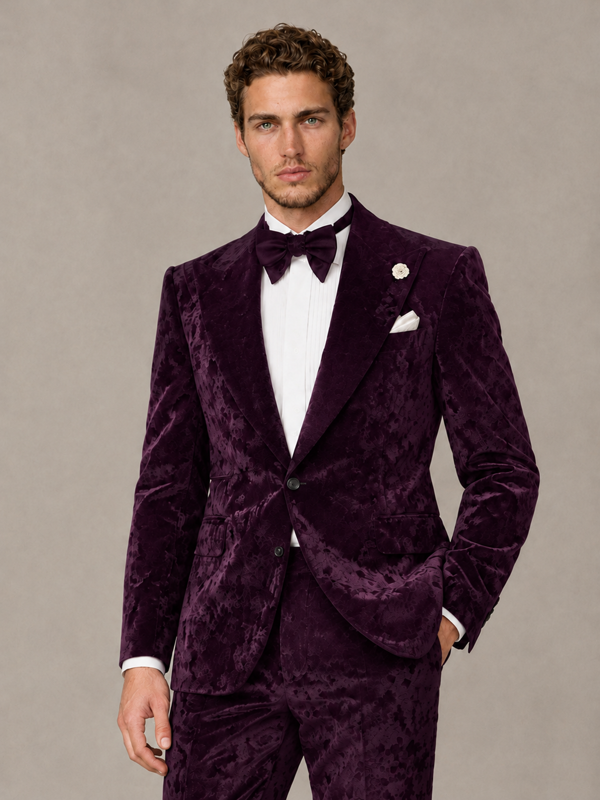 Savile Men's Plum Crushed Velvet Peak Lapel 2-Piece Suit Set | Jacket & Trousers - Plum - Plum (1)