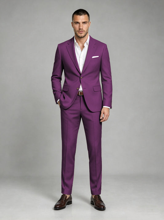 Savile Men's Dark Plum Wool-Blend 2-Piece Suit Set – Two-Button Notch Lapel Slim-Fit Blazer & Turn-Up Trousers - Plum