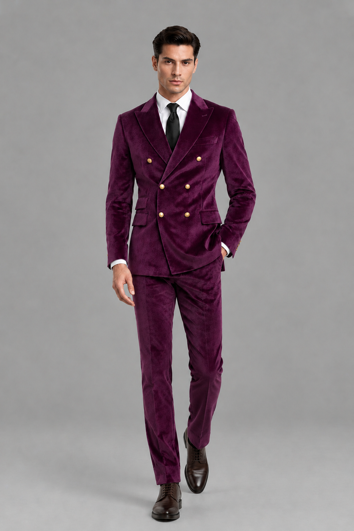 Savile Men's Plum Velvet Double-Breasted 2-Piece Suit Set | Peak Lapel Blazer & Trousers - Plum