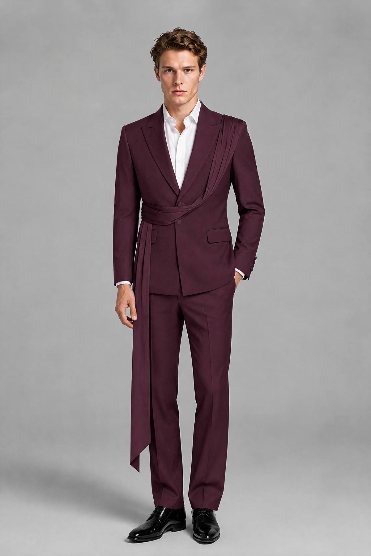 Men's Plum Draped Sash Suit – Peak Lapel 2-Piece Slim Fit Party, Gala & Wedding Set - Plum