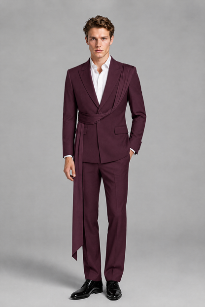 Men's Plum Draped Sash Suit – Peak Lapel 2-Piece Slim Fit Party, Gala & Wedding Set - Plum