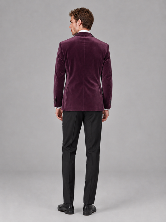 Savile Men's Plum Velvet Peak Lapel 2-Piece Tuxedo Suit Set | Jacket & Trousers - Plum