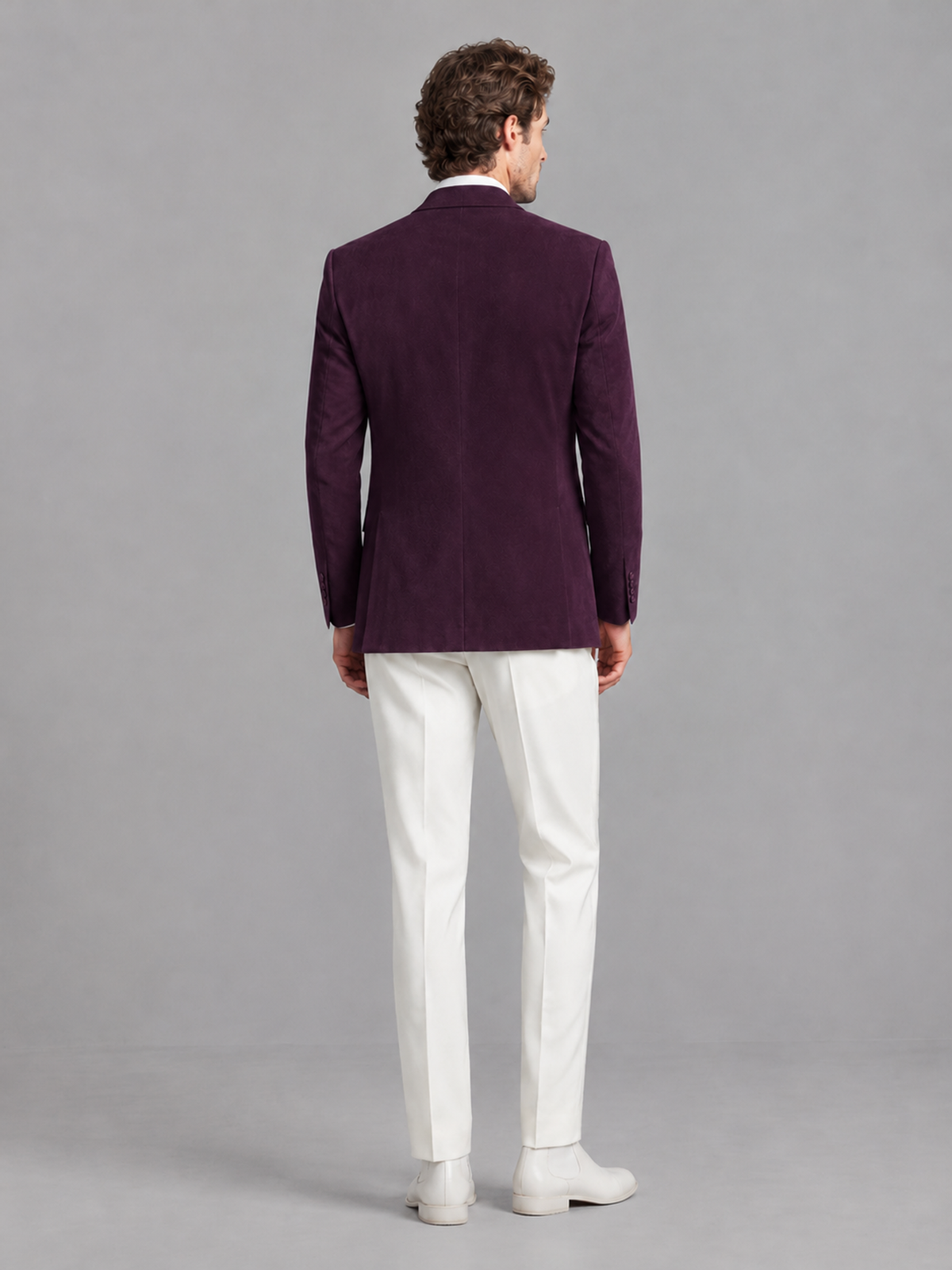 Savile Men's Plum Velvet Shawl Lapel 2-Piece Tuxedo Suit Set | Jacket & White Trousers - Plum - Plum (2)