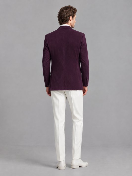 Savile Men's Plum Velvet Shawl Lapel 2-Piece Tuxedo Suit Set | Jacket & White Trousers - Plum - Plum (2)