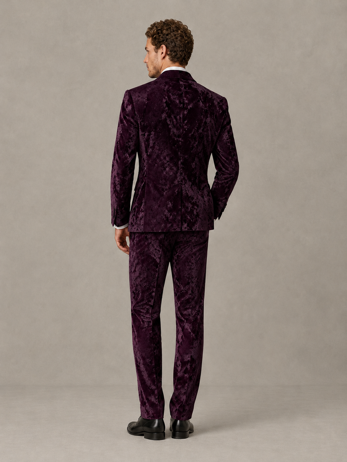 Savile Men's Plum Crushed Velvet Peak Lapel 2-Piece Suit Set | Jacket & Trousers - Plum - Plum (2)