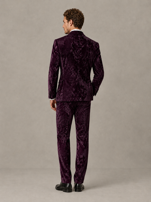 Savile Men's Plum Crushed Velvet Peak Lapel 2-Piece Suit Set | Jacket & Trousers - Plum - Plum (2)