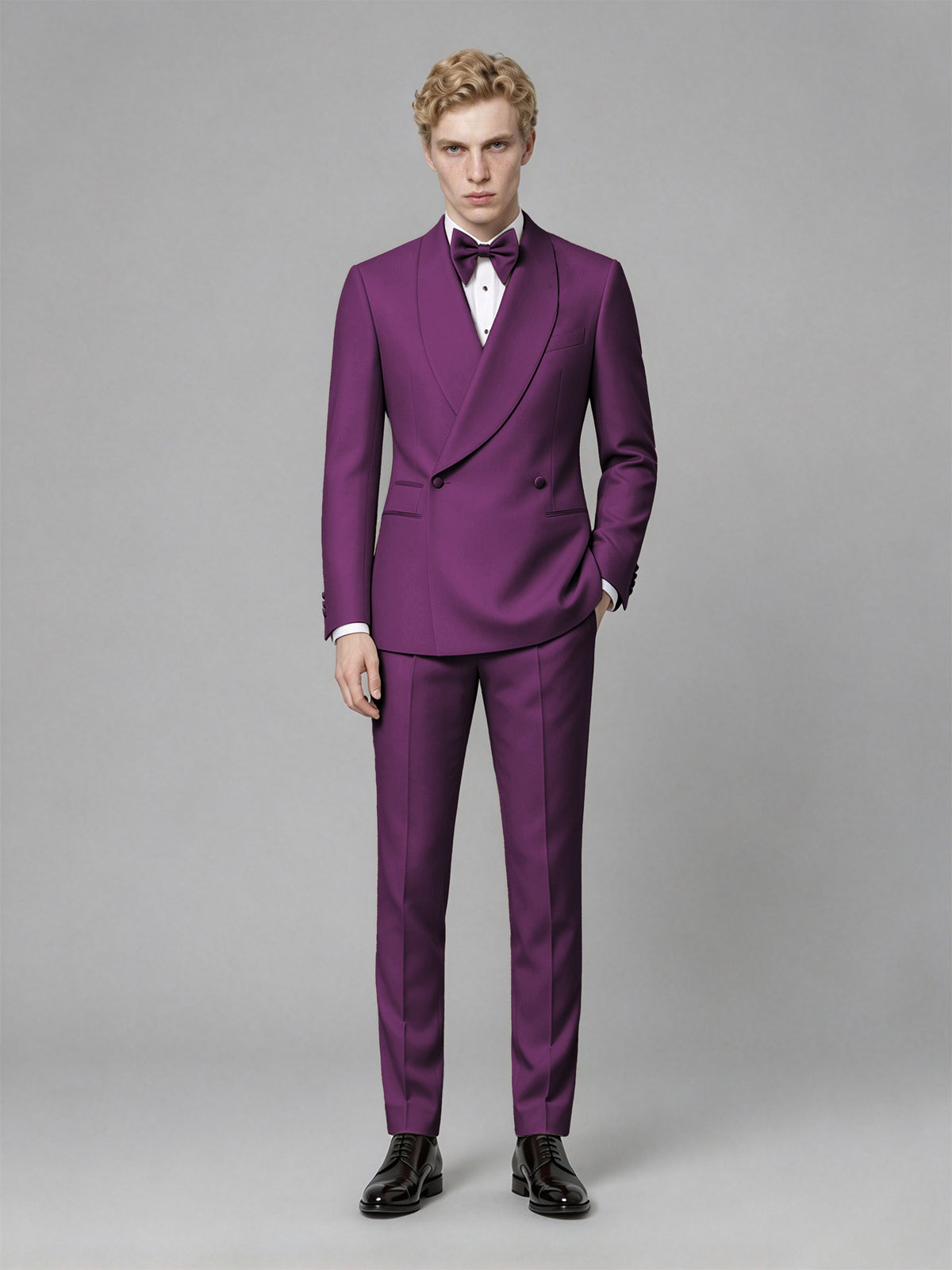 Men's Plum Single-Button Plum Satin Shawl Lapel Tuxedo Suit Set | Blazer & Trousers - Plum