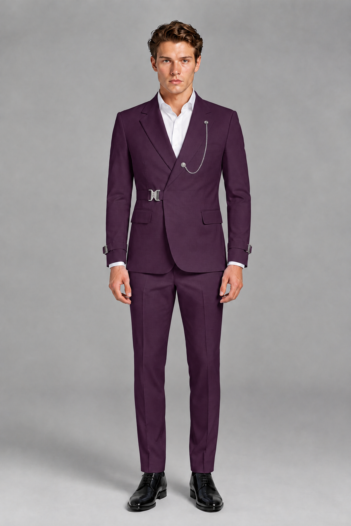 Savile Men's Plum Buckle-Closure 2-Piece Suit Set | Peak Lapel Blazer & Trousers - Plum