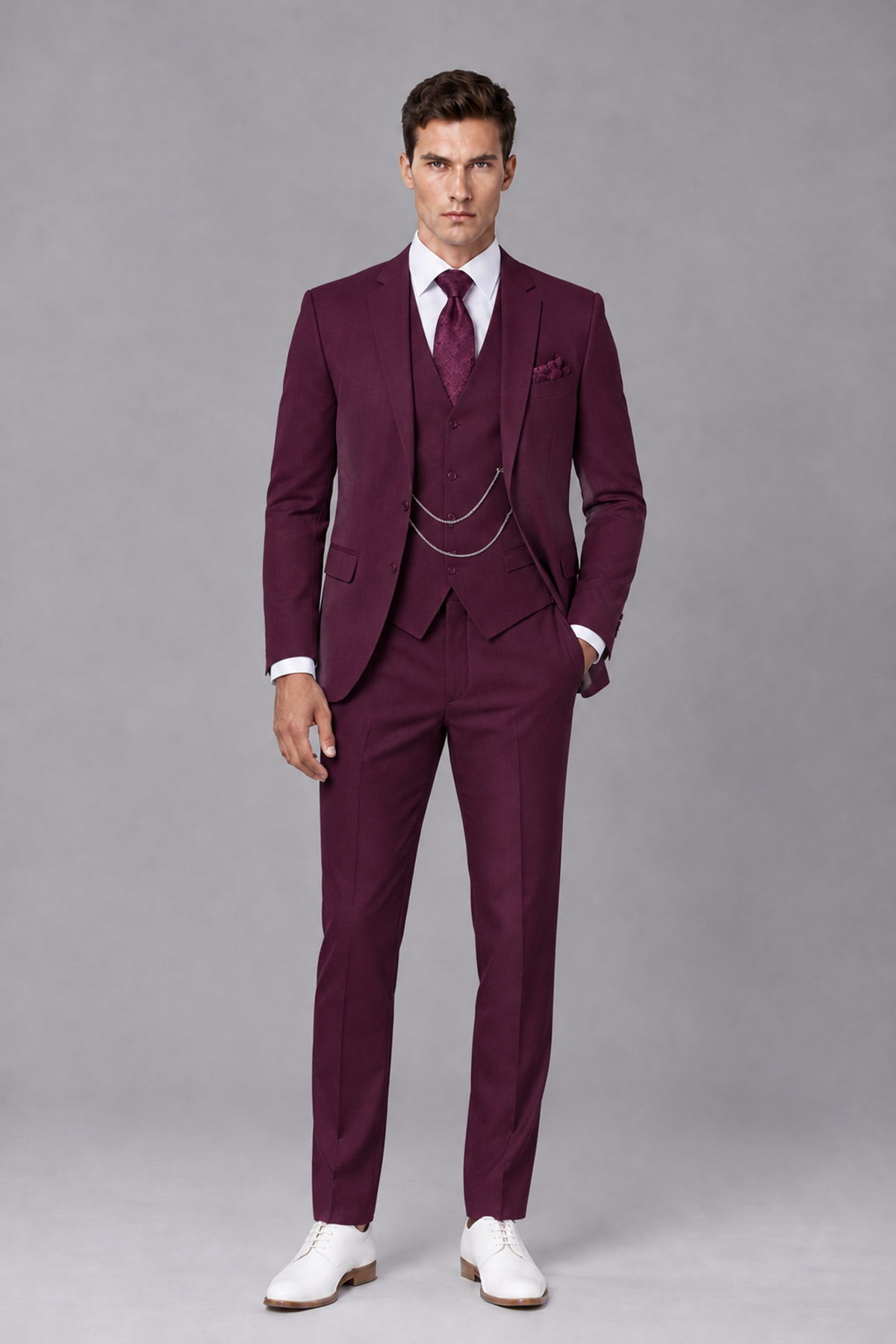 Savile Plum 3-Piece Suit with Notch Lapel & Chain Vest - Plum