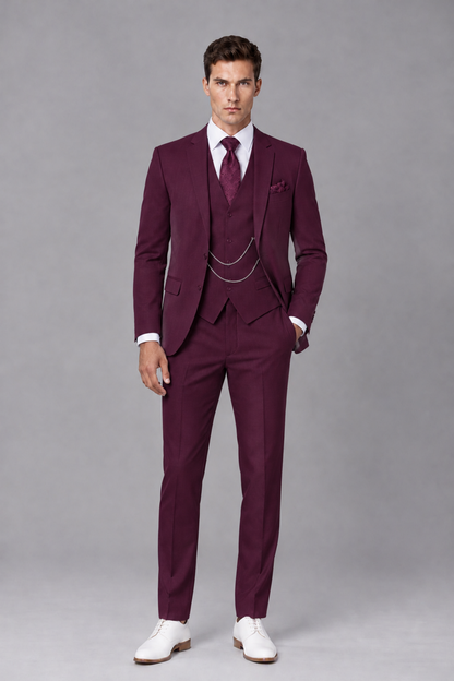 Savile Plum 3-Piece Suit with Notch Lapel & Chain Vest - Plum