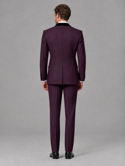 Savile Men's Plum Velvet Shawl Lapel Tuxedo Suit – Modern Side-Buckle Dinner Jacket & Trousers 2-Piece Set - Plum