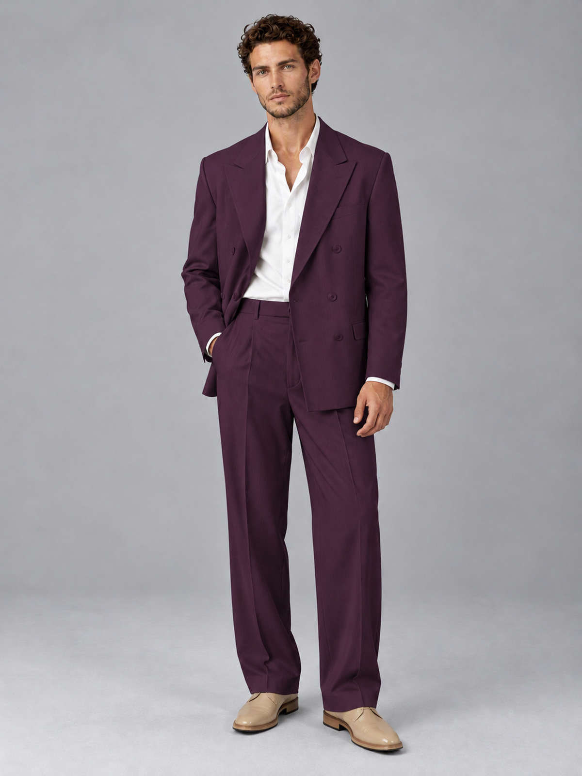 Savile Plum Beige Double-Breasted 2-Piece Suit with Peak Lapel - Plum