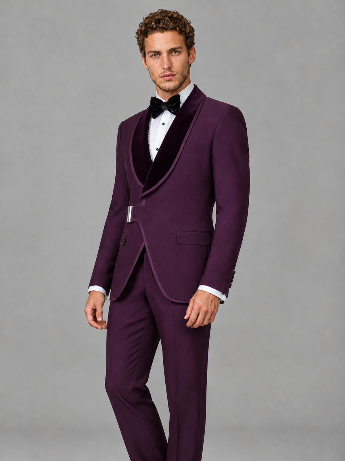 Savile Men's Plum Velvet Shawl Lapel Tuxedo Suit – Modern Side-Buckle Dinner Jacket & Trousers 2-Piece Set - Plum