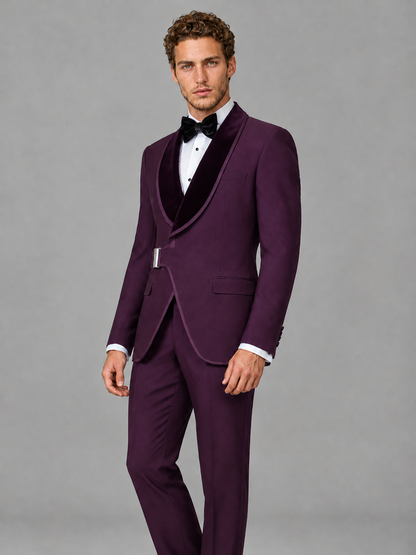 Savile Men's Plum Velvet Shawl Lapel Tuxedo Suit – Modern Side-Buckle Dinner Jacket & Trousers 2-Piece Set - Plum