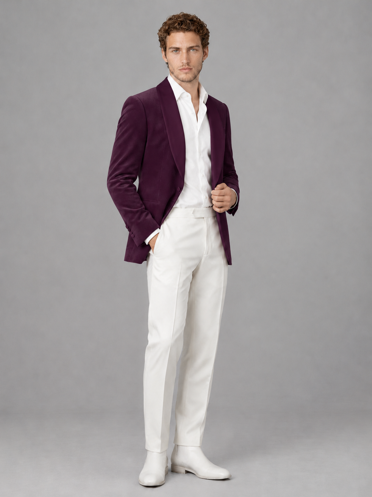 Savile Men's Plum Velvet Shawl Lapel 2-Piece Tuxedo Suit Set | Jacket & White Trousers - Plum - Plum (3)