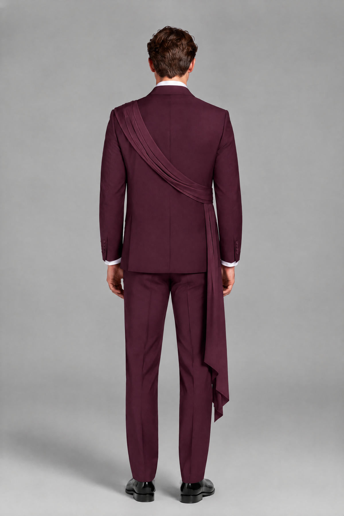 Men's Plum Draped Sash Suit – Peak Lapel 2-Piece Slim Fit Party, Gala & Wedding Set - Plum
