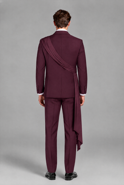 Men's Plum Draped Sash Suit – Peak Lapel 2-Piece Slim Fit Party, Gala & Wedding Set - Plum