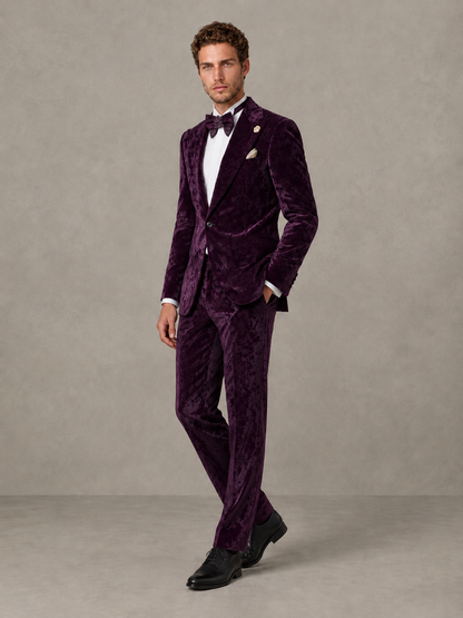 Savile Men's Plum Crushed Velvet Peak Lapel 2-Piece Suit Set | Jacket & Trousers - Plum - Plum (3)