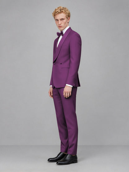 Men's Plum Single-Button Plum Satin Shawl Lapel Tuxedo Suit Set | Blazer & Trousers - Plum