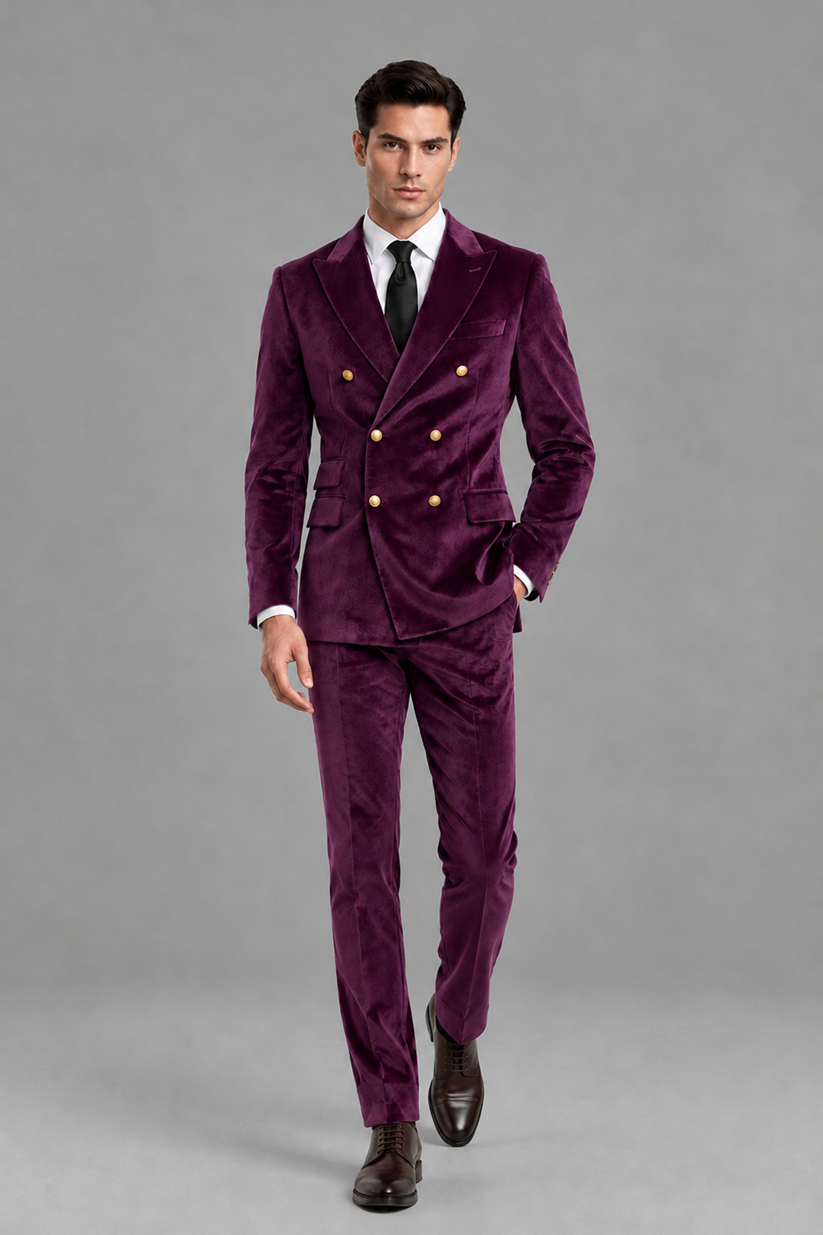 Savile Men's Plum Velvet Double-Breasted 2-Piece Suit Set | Peak Lapel Blazer & Trousers - Plum