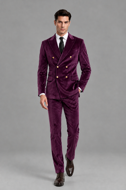 Savile Men's Plum Velvet Double-Breasted 2-Piece Suit Set | Peak Lapel Blazer & Trousers - Plum