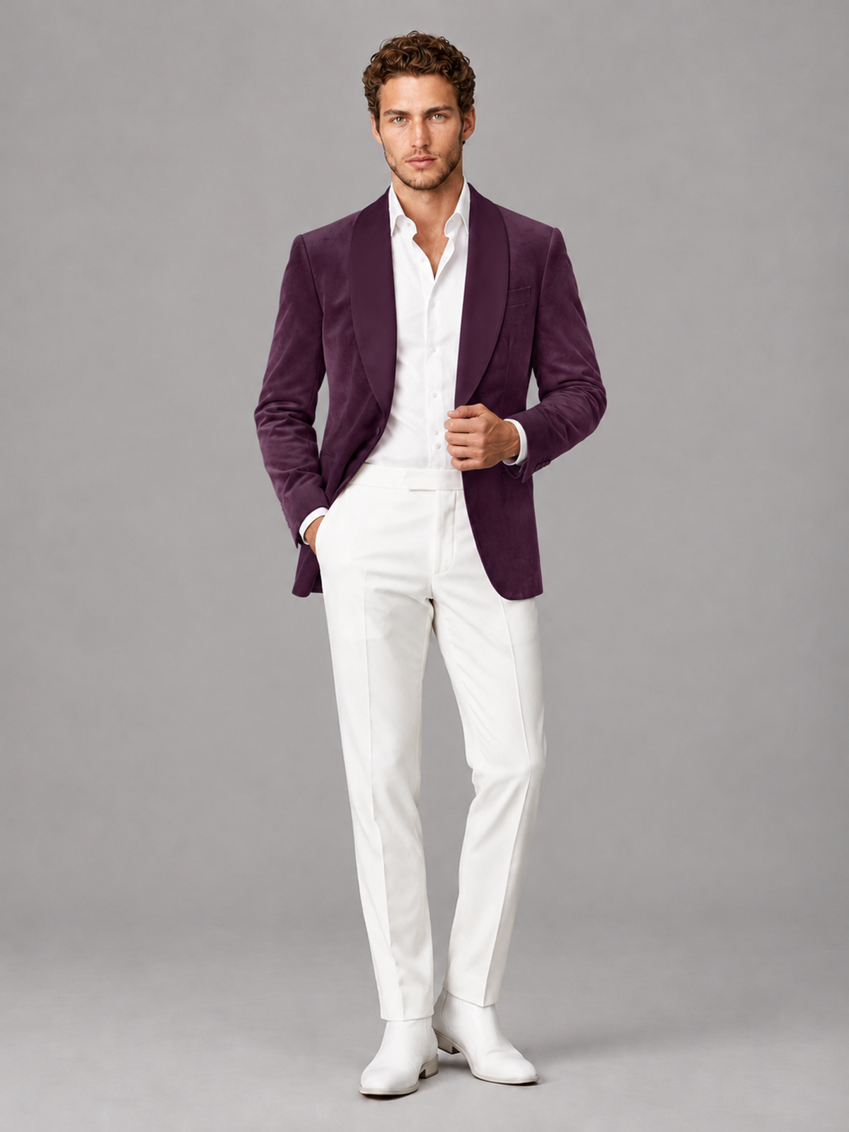 Savile Men's Plum Velvet Shawl Lapel 2-Piece Tuxedo Suit Set | Jacket & White Trousers - Plum - Plum (4)