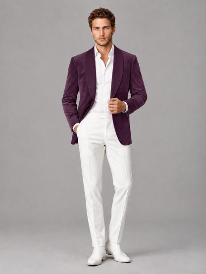 Savile Men's Plum Velvet Shawl Lapel 2-Piece Tuxedo Suit Set | Jacket & White Trousers - Plum - Plum (4)