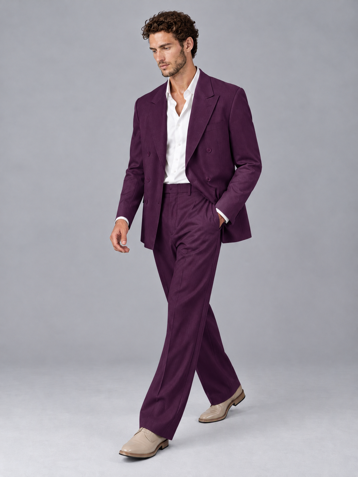 Savile Plum Beige Double-Breasted 2-Piece Suit with Peak Lapel - Plum