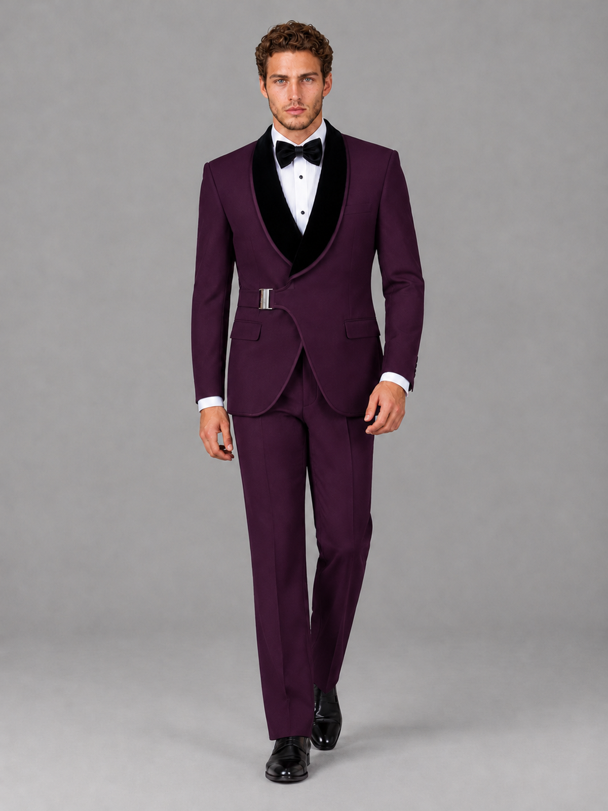 Savile Men's Plum Velvet Shawl Lapel Tuxedo Suit – Modern Side-Buckle Dinner Jacket & Trousers 2-Piece Set - Plum