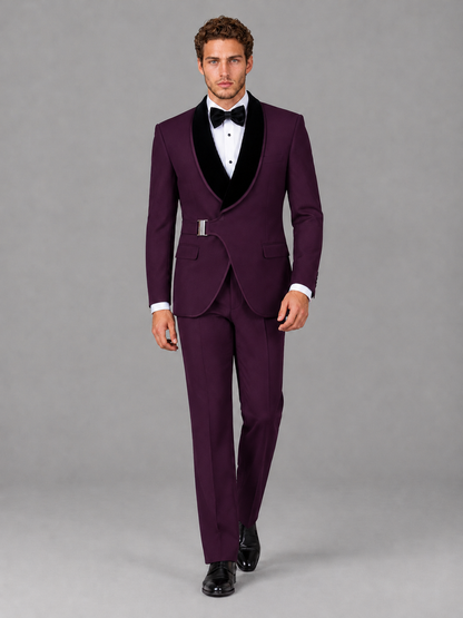 Savile Men's Plum Velvet Shawl Lapel Tuxedo Suit – Modern Side-Buckle Dinner Jacket & Trousers 2-Piece Set - Plum