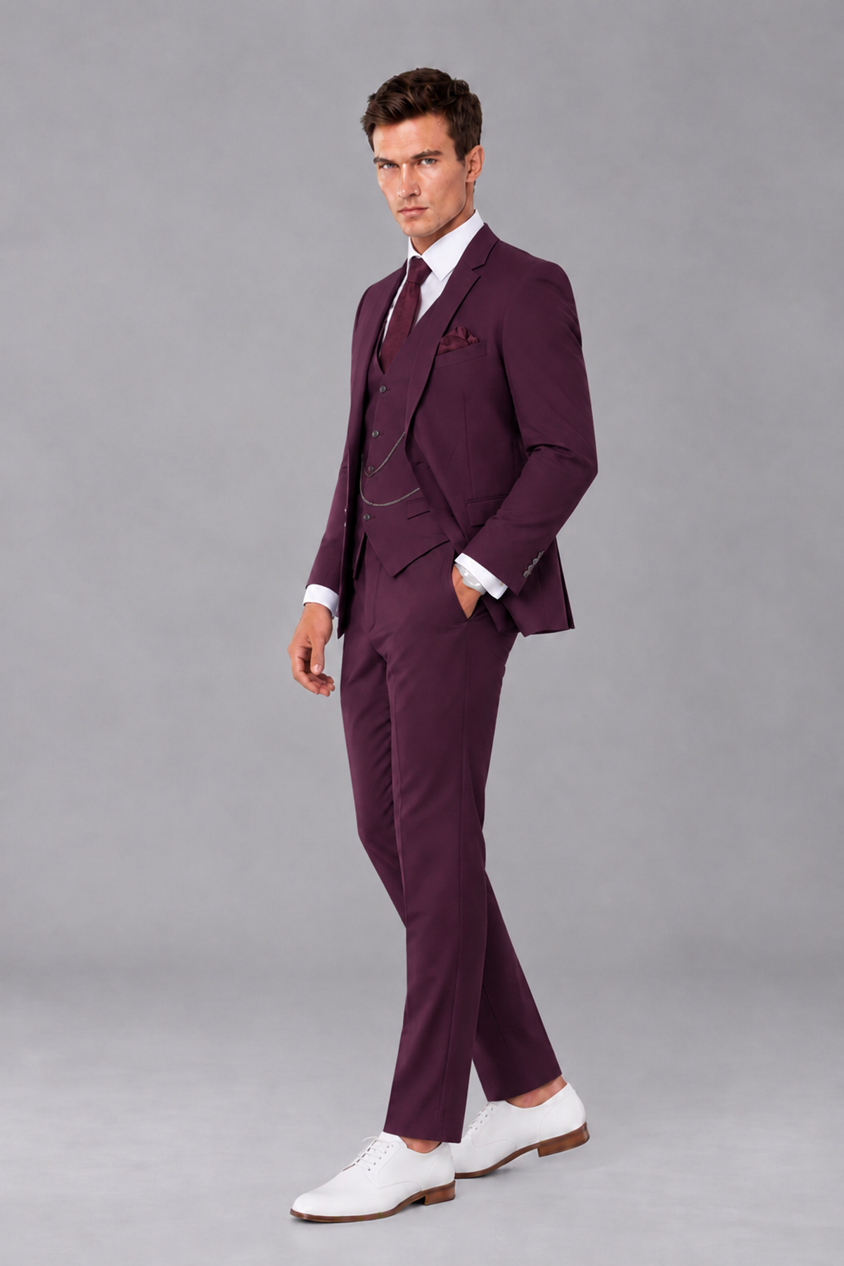 Savile Plum 3-Piece Suit with Notch Lapel & Chain Vest - Plum