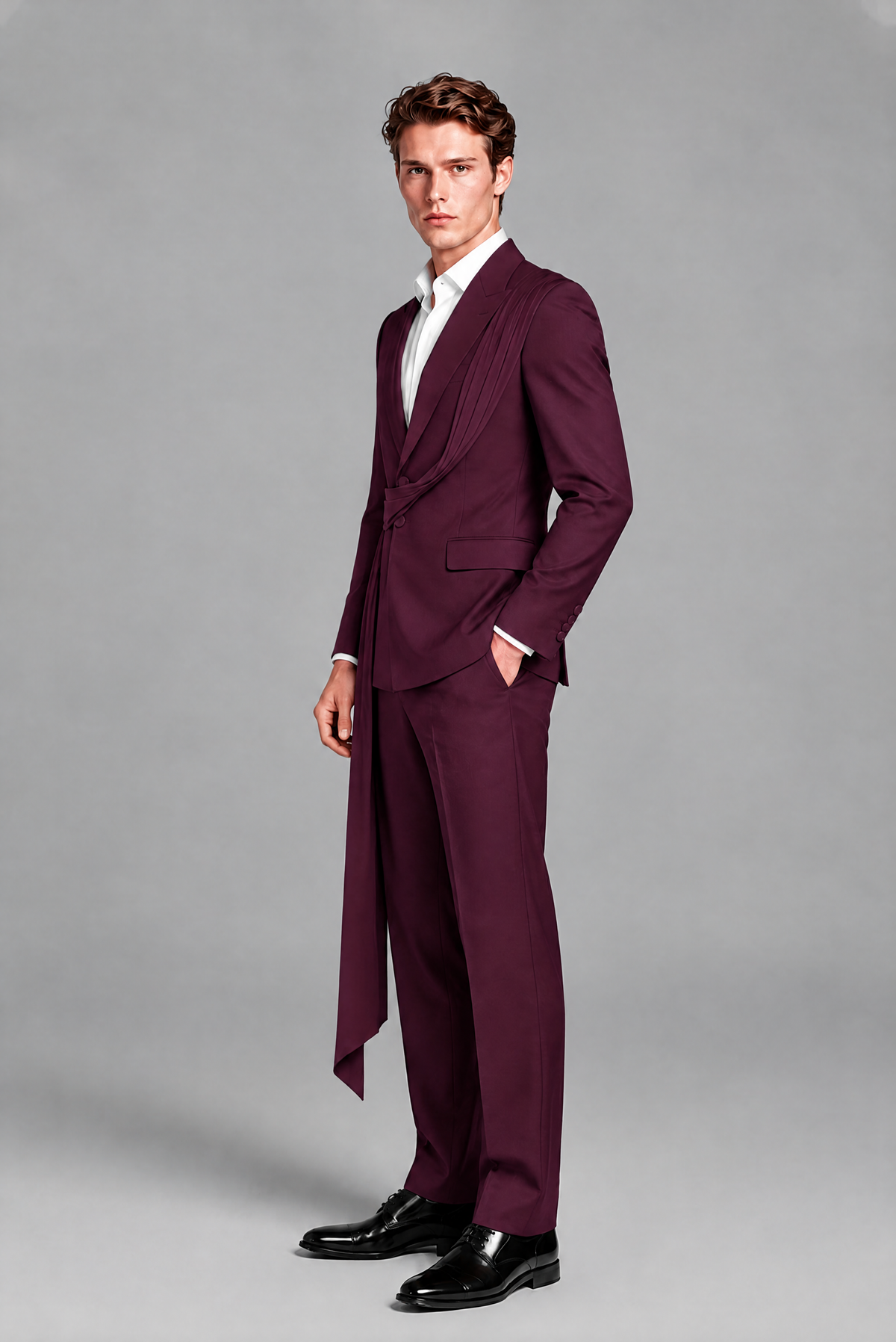 Men's Plum Draped Sash Suit – Peak Lapel 2-Piece Slim Fit Party, Gala & Wedding Set - Plum