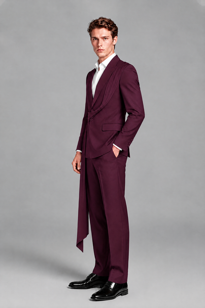 Men's Plum Draped Sash Suit – Peak Lapel 2-Piece Slim Fit Party, Gala & Wedding Set - Plum