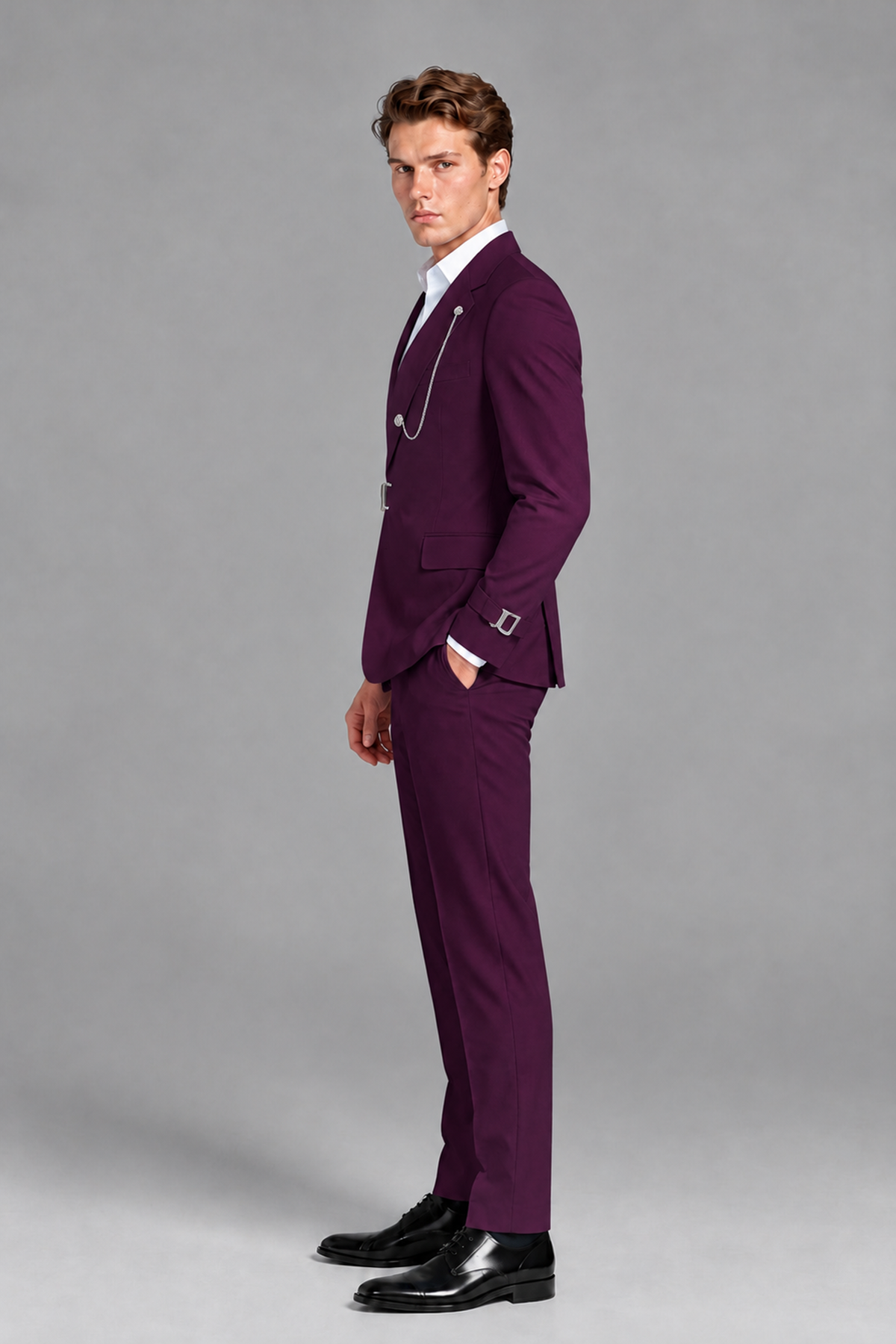 Savile Men's Plum Buckle-Closure 2-Piece Suit Set | Peak Lapel Blazer & Trousers - Plum