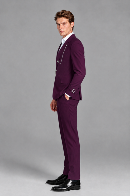 Savile Men's Plum Buckle-Closure 2-Piece Suit Set | Peak Lapel Blazer & Trousers - Plum