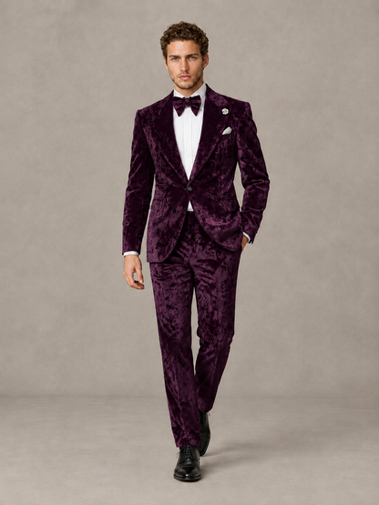 Savile Men's Plum Crushed Velvet Peak Lapel 2-Piece Suit Set | Jacket & Trousers - Plum - Plum (4)