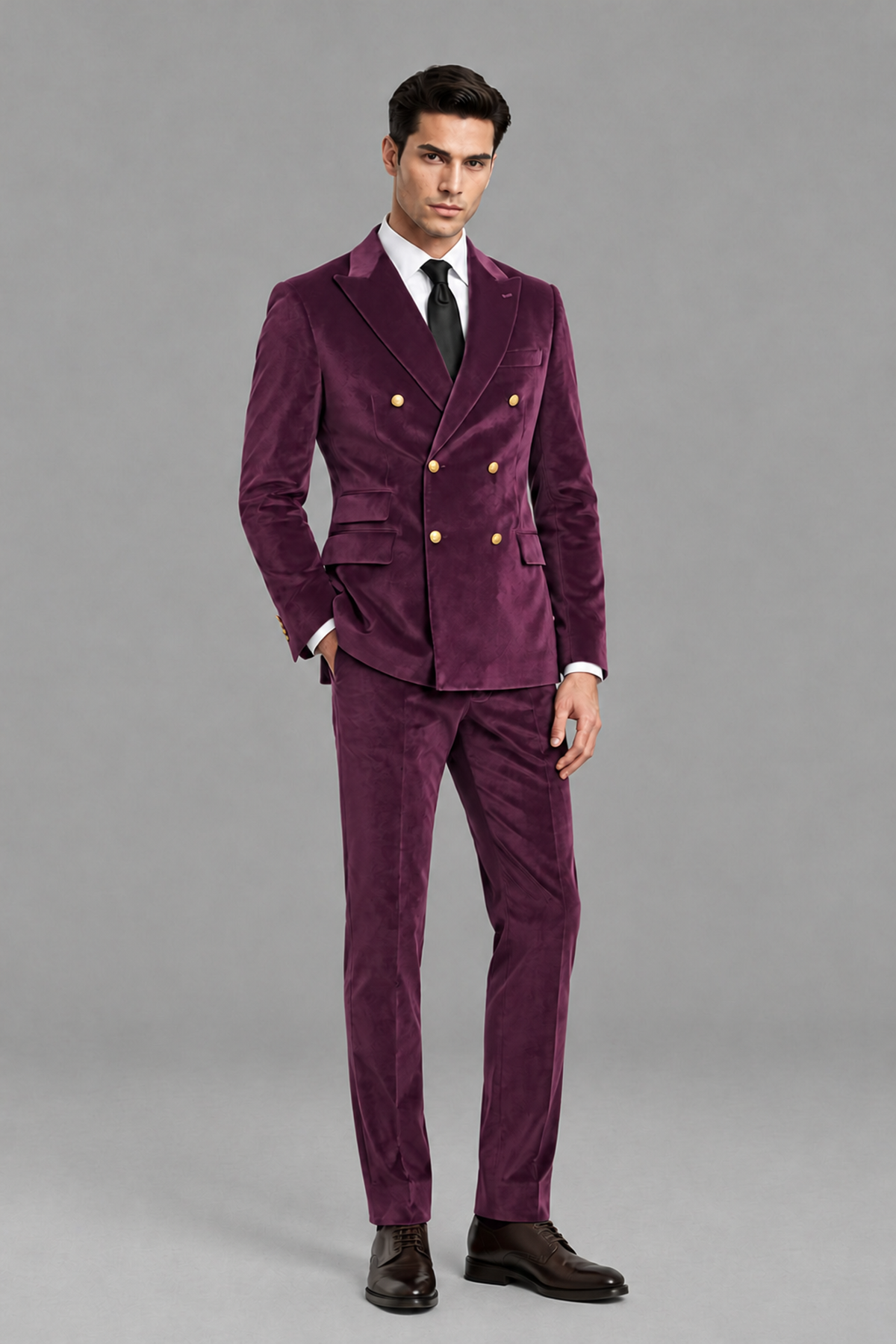 Savile Men's Plum Velvet Double-Breasted 2-Piece Suit Set | Peak Lapel Blazer & Trousers - Plum