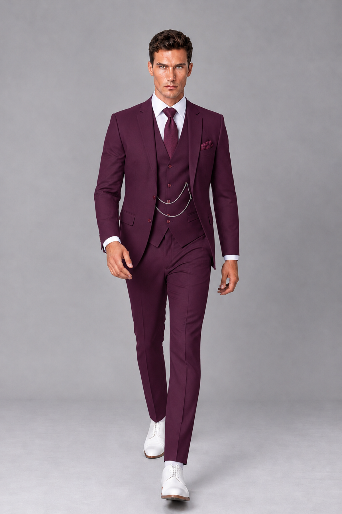 Savile Plum 3-Piece Suit with Notch Lapel & Chain Vest - Plum