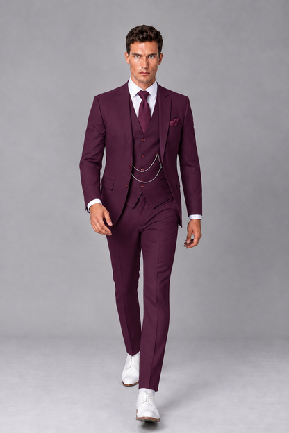 Savile Plum 3-Piece Suit with Notch Lapel & Chain Vest - Plum