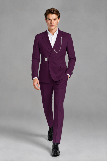 Savile Men's Plum Buckle-Closure 2-Piece Suit Set | Peak Lapel Blazer & Trousers - Plum