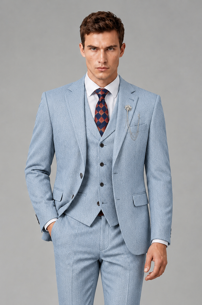 Savile Men's Grey Notch Lapel 3-Piece Suit Set | Jacket, Vest & Trousers - Powder Blue - Powder Blue