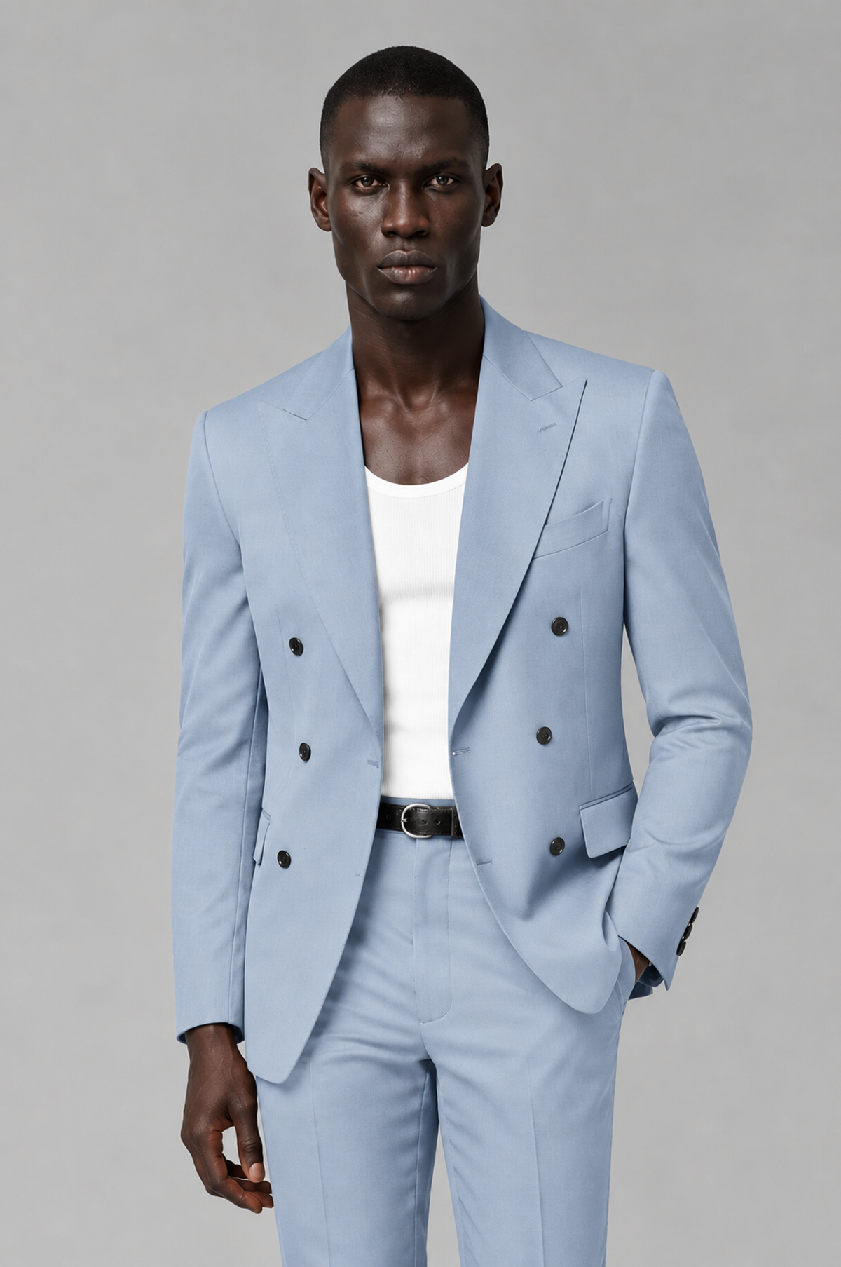 Savile Men's Powder Blue Double Breasted Slim Fit 2-Piece Suit Set – Blazer & Trousers | Wedding Gala Formal - Powder Blue - Powder Blue_01