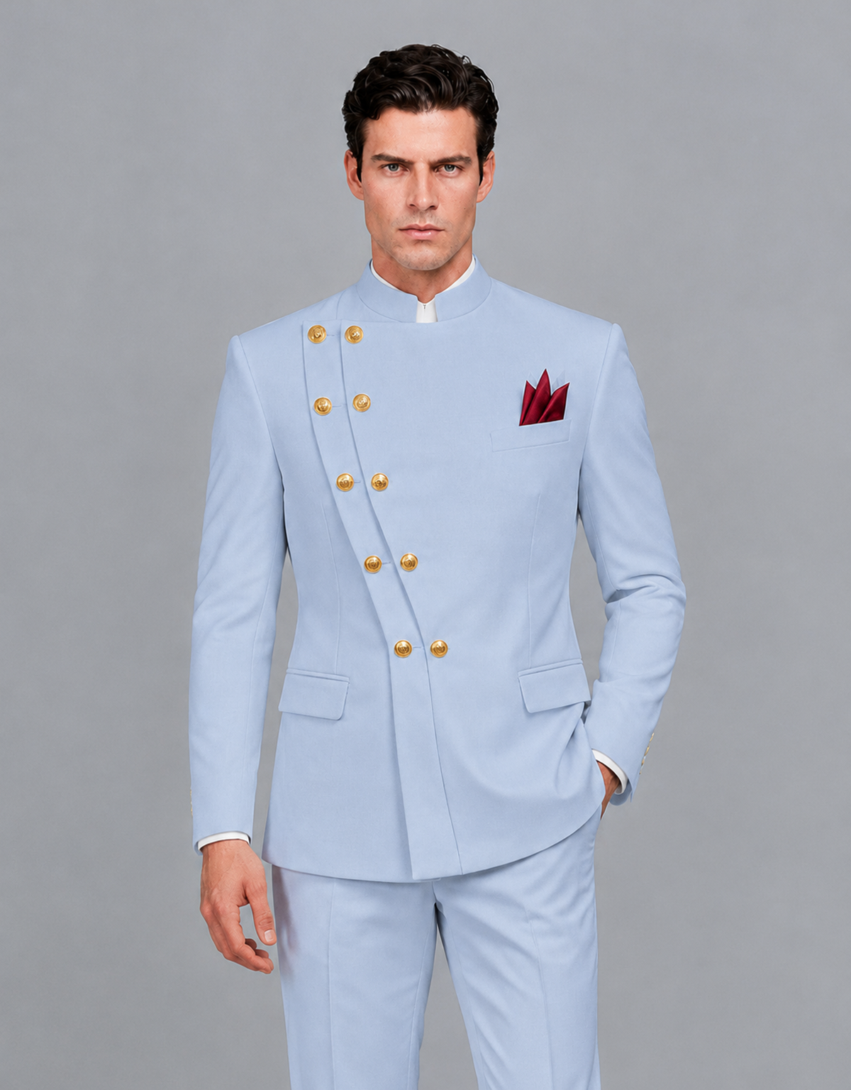 BOLODOO Men's Powder Blue Asymmetrical Mandarin Collar Tuxedo Suit – Modern 2-Piece Gold Button Wedding, Prom & Gala Set - Powder Blue - Powder Blue_01