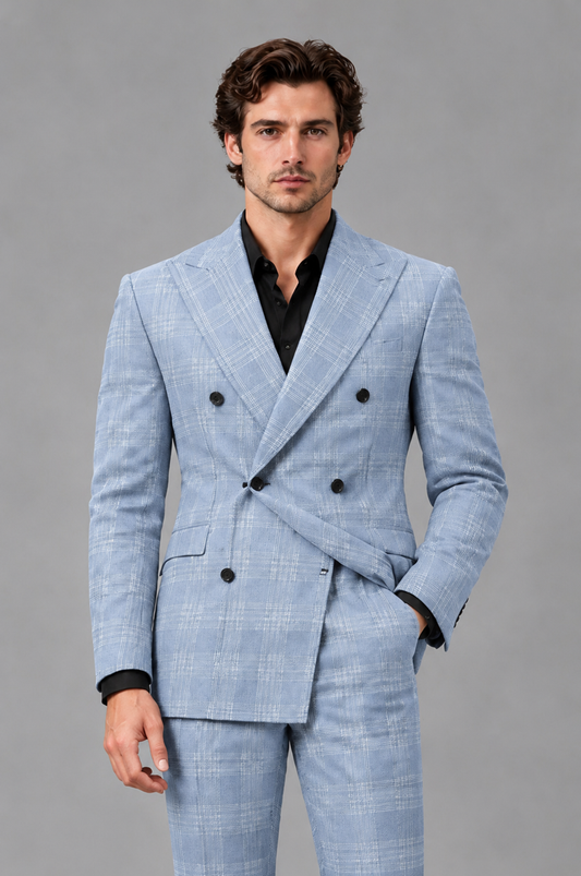 Savile Men's Rust Plaid 2-Piece Double-Breasted Suit – Peak Lapel Slim-Fit Jacket & Trousers Set - Powder Blue - Powder Blue