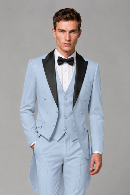 Savile Powder Blue 3-Piece Tailcoat Tuxedo Suit with Black Peak Lapel - Powder Blue - Powder Blue_01