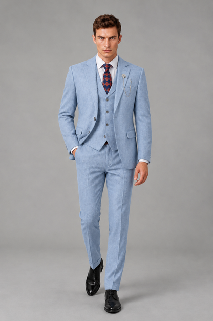 Savile Men's Grey Notch Lapel 3-Piece Suit Set | Jacket, Vest & Trousers - Powder Blue - Powder Blue