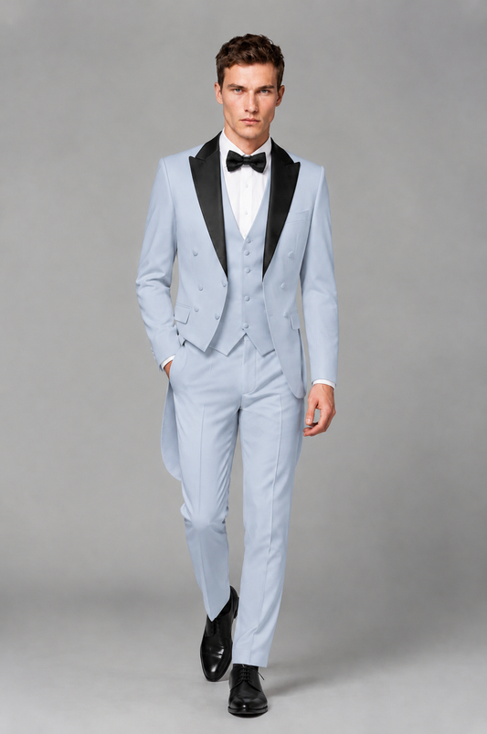 Savile Powder Blue 3-Piece Tailcoat Tuxedo Suit with Black Peak Lapel - Powder Blue - Powder Blue_02