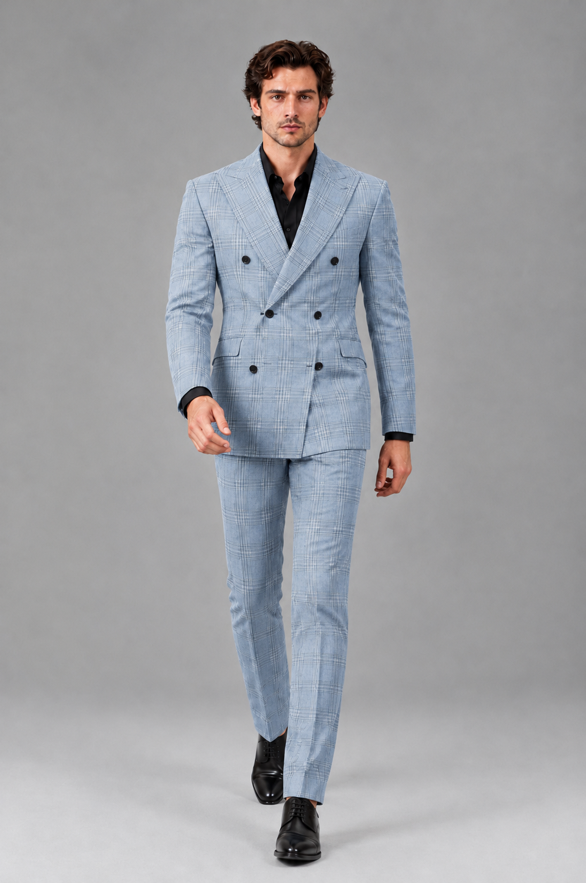 Savile Men's Rust Plaid 2-Piece Double-Breasted Suit – Peak Lapel Slim-Fit Jacket & Trousers Set - Powder Blue - Powder Blue