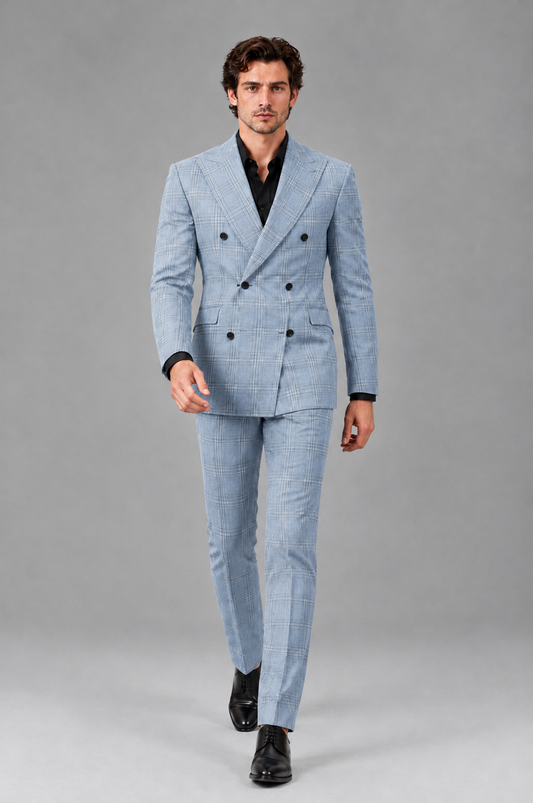 Savile Men's Rust Plaid 2-Piece Double-Breasted Suit – Peak Lapel Slim-Fit Jacket & Trousers Set - Powder Blue - Powder Blue