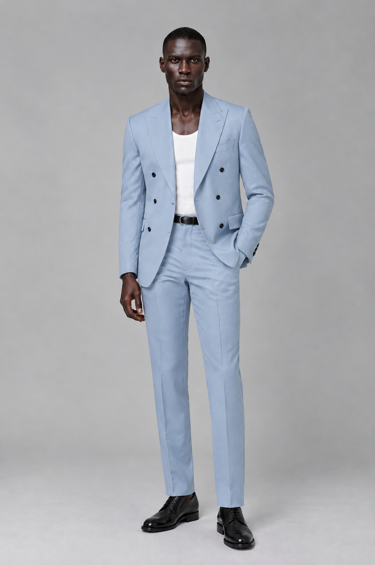 Savile Men's Powder Blue Double Breasted Slim Fit 2-Piece Suit Set – Blazer & Trousers | Wedding Gala Formal - Powder Blue - Powder Blue_02